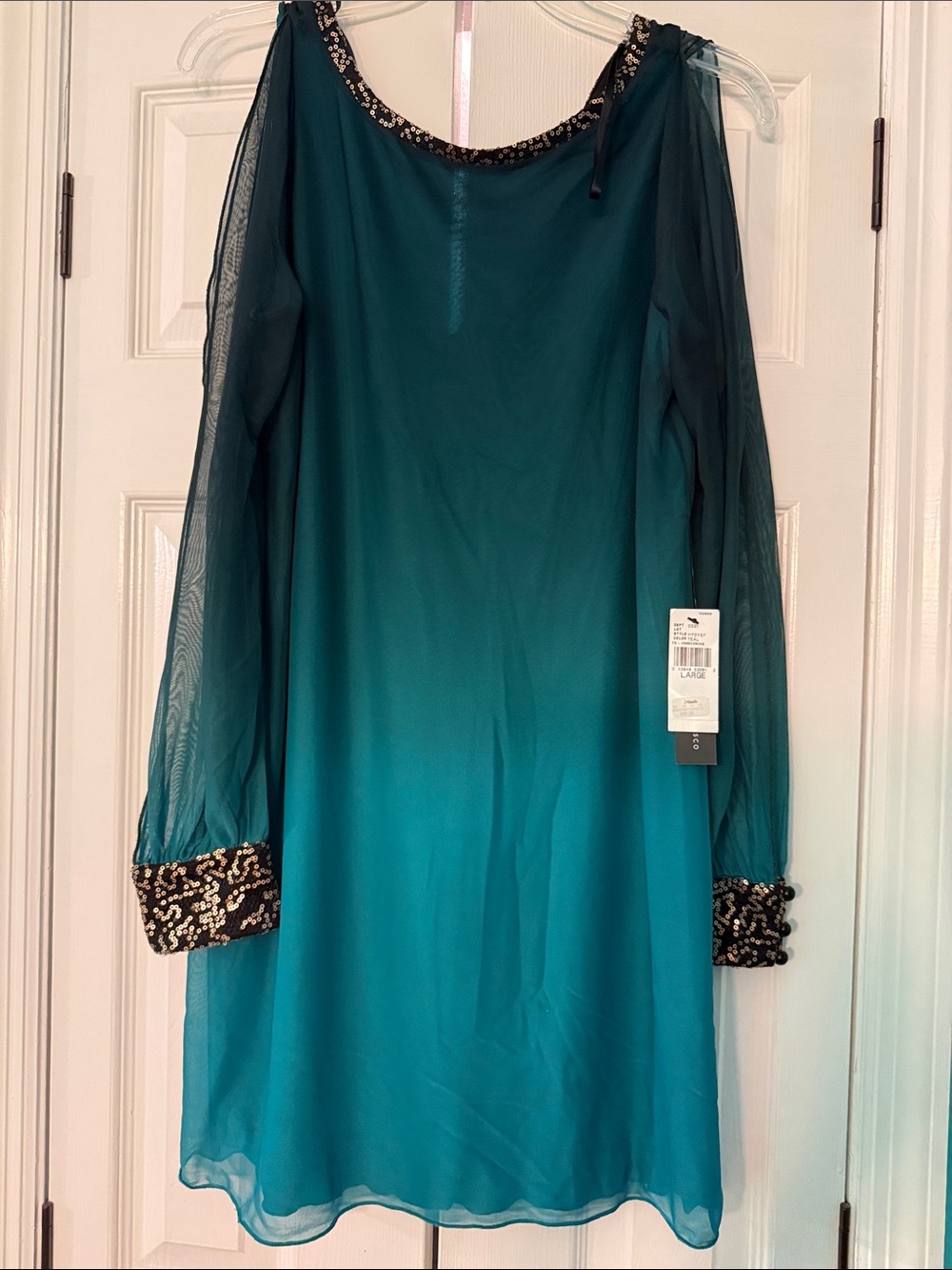 I.N. San Francisco Teal Green Long-Sleeve Chiffon Dress with Sequin Cuffs